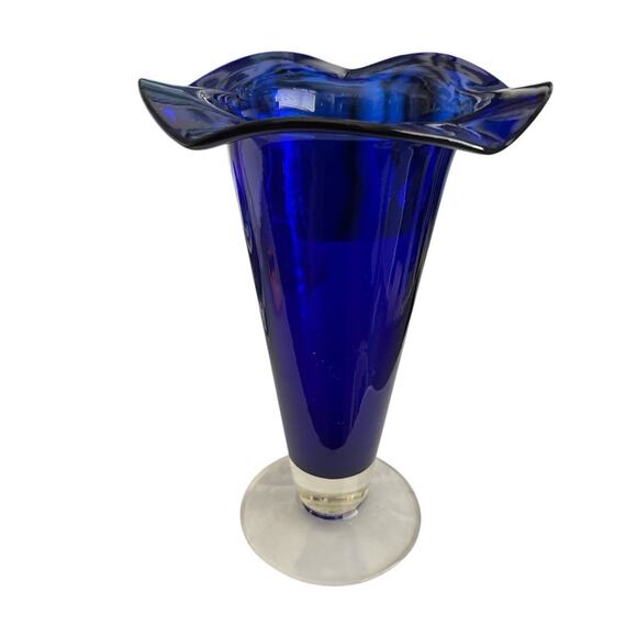 Cobalt Blue Art Glass Trumpet Vase Clear Base 9” Tall - Picture 3 of 8